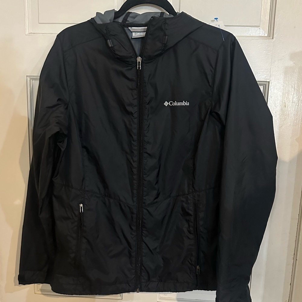 Columbia jacket, black windbreaker size medium light white full zipper hooded